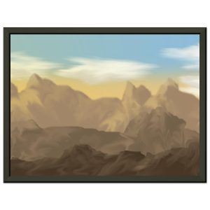 Computer drawn image of mountains and blue cloudy sky. Image by John Pape